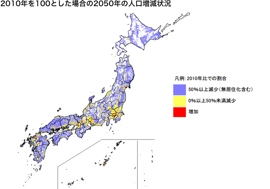 2010年を100とした場合の2050年の人口増減状況