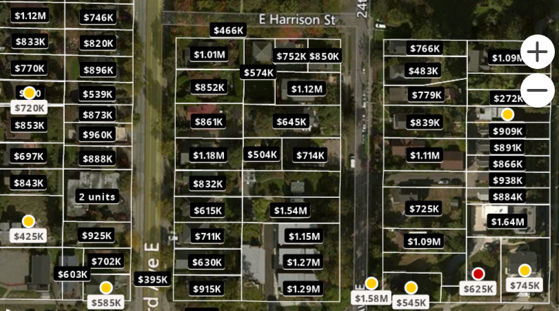 「Zillow」掲載物件の情報ページから抜粋。検討物件の周辺物件の価格も一覧でき、相場比較が容易。