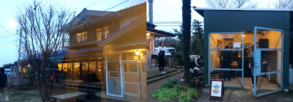 左・「senkiya」外観。/右:「senkiya」の前の小屋は、スペシャルティ・コーヒー専門のロースター「THE MODERN COFFEE」です。その他にも、設計事務所、古本屋、革小物制作工房、観葉植物屋、洋服屋、陶芸屋などがある。