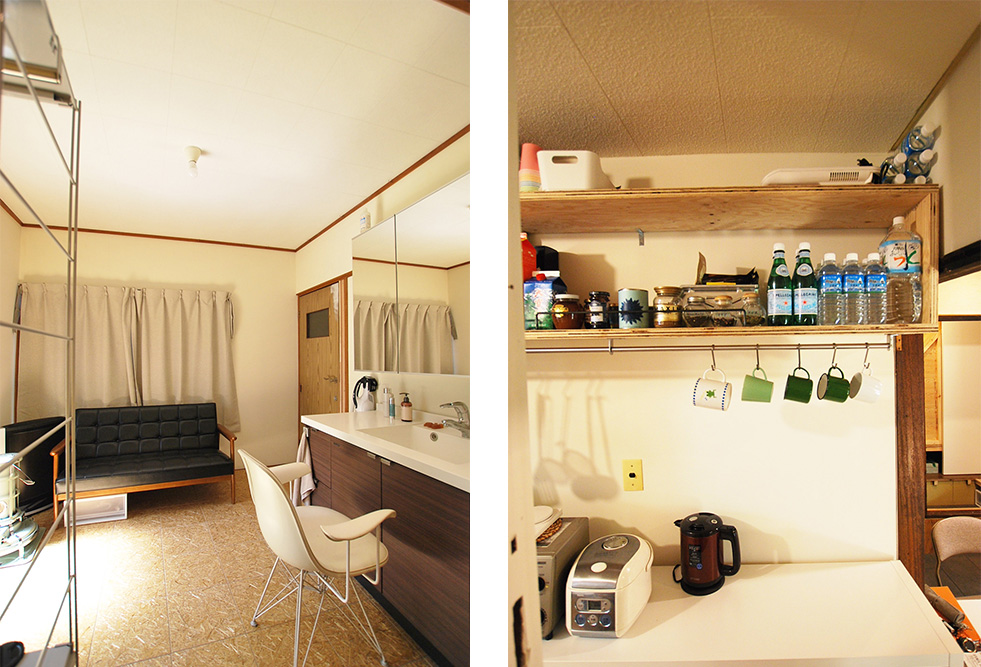 左・浴室につながる4畳半の部屋は洗面室。忙しい朝も混雑しない広さです。/右・キッチンの収納はつくりつけで、メンバーの入れ替わりにも対応しやすいシンプルなものにしました。